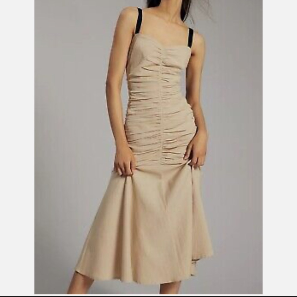 NWOT ANTHROPOLOGIE SZ 6 ATSU SUMMER RUCHED MIDI DRESS COTTON LINEN